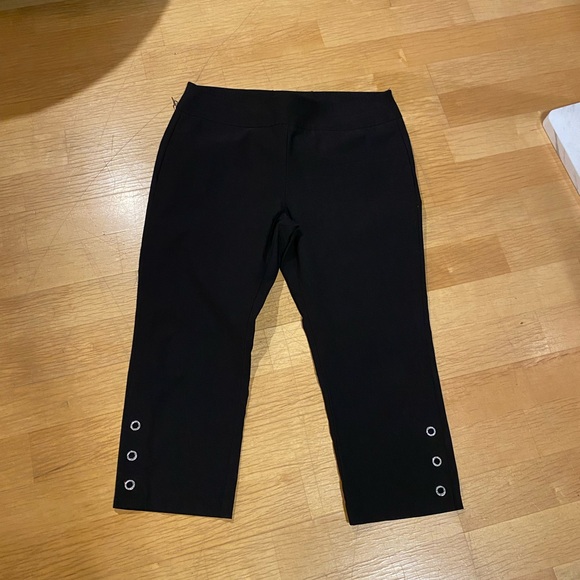 Simon Chang Pants - Simon Chang Black Stretch Ponte Pants with Hem Eyelet Trim
